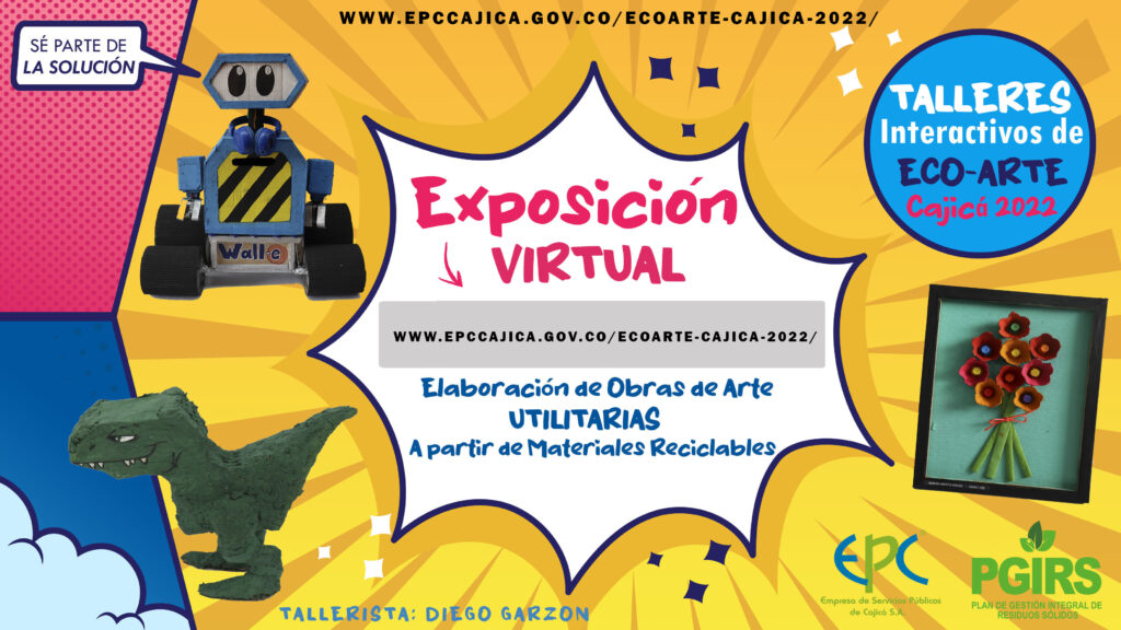 Cartel invitando a la exposición virtual EcoArte Cajicá con colores llamativos.